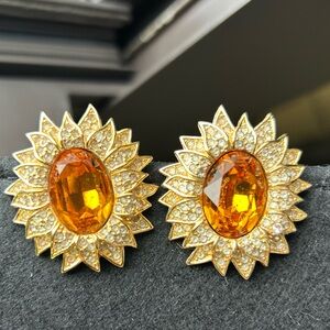Vintage Christian Dior sunflower gold-tone crystals CITRINE GLASS clipon earring